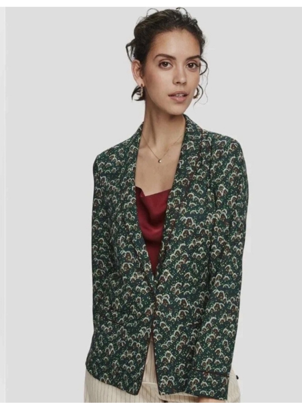 Scotch & Soda 💚 Green Printed Open-Front Blazer Jacket